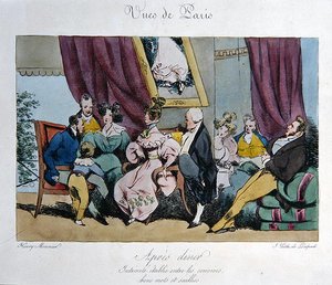 Humorvolle Darstellung des Verhaltens und der Gespräche der Gäste nach dem Abendessen, Karikatur für 