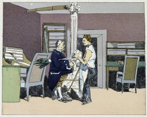 Acht Stunden: Büros fegen und politische Diskussion zwischen Büroangestellten - in "Verwaltungssitten" von Henri Monnier