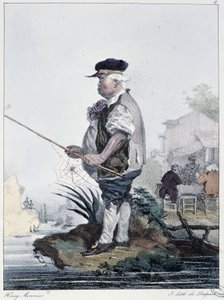Mann beim Angeln: „Jeder nimmt sein Vergnügen, wo er es findet“ - in „Les pastemps“ von Henri Monnier, ed. Delpech, Paris von Henri Bonaventure Monnier