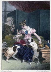 Junges Mädchen mit Hunden: „Jeder nimmt sein Vergnügen, wo er es findet“ - in „Les Pastemps“ von Henri Monnier, ed. Delpech, Paris von Henri Bonaventure Monnier