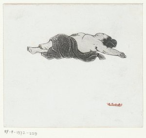 Liegende japanische Frau mit entblößtem Oberkörper von Henri Charles Guérard (attributed to)