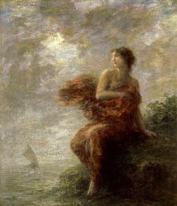 Ariadne. Sie sieht das Schiff des Theseus in die Ferne segeln und bleibt allein, verlassen. Gemälde von Henri Fantin-Latour