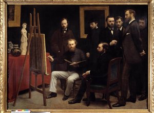 Eine Werkstatt in den Batignolles. Unter den anwesenden Personen: Otto Scholderer, Edouard Manet (1832-1883) in der Mitte sitzend, Pierre Auguste Renoir (1841-1919), Zacharie Astruc (1835-1907), Emile Zola (1840-1902), Edmond Maitre (1840-1888), Frederic B