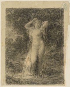 Stehende nackte Frau in einer Waldlandschaft mit Wasser
