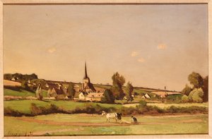 Eine weite Landschaft mit einem Pflüger und einem Dorf dahinter