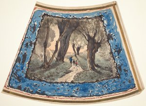 Reisende auf einem bewaldeten Pfad mit einer Umrandung von skurrilen Figuren und Affen von Henri Joseph Harpignies