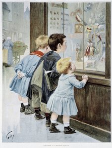 Die Versuchung: Kinder vor einem Schaufenster, die Spielzeug betrachten - Illustration von Geoffroy, in „Figaro Illustrated“ von Henri Jules Jean Geoffroy