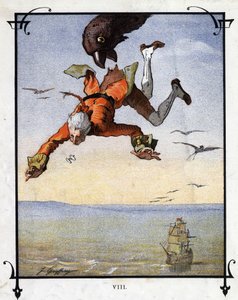 Lemuel Gulliver wird von einem Adler weggetragen. Illustration zu „Gullivers Reisen“ von Jonathan Swift von Henri Jules Jean Geoffroy