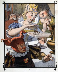 Lemuel Gulliver wird von der Königin von Brobdingnag aus einem Gericht gerettet. Illustration für „Gullivers Reisen“ von Jonathan Swift von Henri Jules Jean Geoffroy