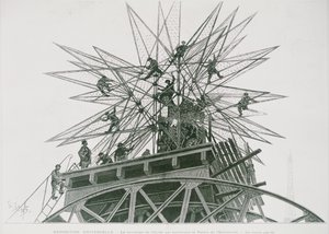Weltausstellung 1900: Installation des Sterns auf dem Palast der Elektrizität (Gravur) von Henri Lanos