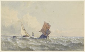 Ansicht auf offener See, mit drei Segelschiffen