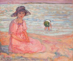 Frau im rosa Kleid am Meer, ca. 1920