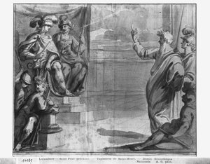 Leben Christi, St. Paulus predigt, vorbereitende Studie eines Wandteppich-Kartons für die Kirche Saint-Merri in Paris, ca. 1585-90 von Henri Lerambert