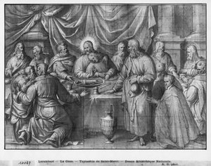 Leben Christi, das letzte Abendmahl, vorbereitende Studie eines Wandteppich-Kartons für die Kirche Saint-Merri in Paris, ca. 1585-90 von Henri Lerambert