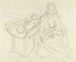 Sitzende Frau - Stillleben mit Blumen auf einem Tisch von Henri Matisse
