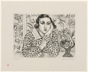 Junges Mädchen, das sich an einen blumigen Schirm lehnt von Henri Matisse