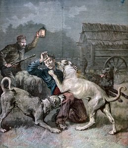 Ein Verbrecher wird von drei großen Hunden angegriffen, 1891 von Henri Meyer