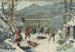 Angriff auf den Zug durch Indianer, aus dem Stück Le tour du monde en 80 jours, Paris 1898 von Henri Meyer