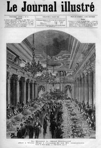 Bankett zu Ehren von Victor Hugo im Hotel Continental zu seinem 81. Geburtstag im Jahr 1883 - Titelseite von „The Illustrous Journal“ von 1883 - Zeichnung von Henri Meyer (1844-1899)