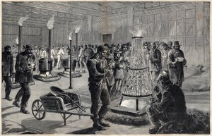 Das Nachtasyl des Palais des Arts Libéraux auf dem Marsfeld im Jahr 1891 - Zeichnung von Henri Meyer, Gravur von Navellier in „Le journal illustrious“ von 1891 von Henri Meyer