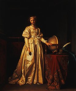 Eine Dame in einem Innenraum, in einem gelben Satinkleid, mit einem Globus auf einem Tisch neben ihr, trauert um die Abwesenheit ihres Mannes von Henri Nicolas van Gorp