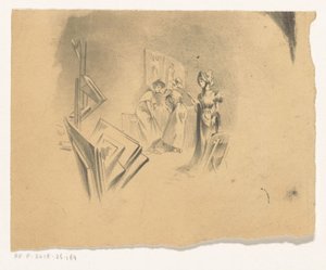 Drei Frauen betrachten Drucke in einem Atelier von Henri Patrice Dillon (possibly)