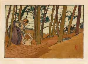 Frau, die Kiefernnadeln sammelt (Ufer des Trieux, Loguivy)