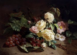 Stillleben mit Sommerblumen und Trauben. Gemälde von Henri Robbe von Henri Robbe