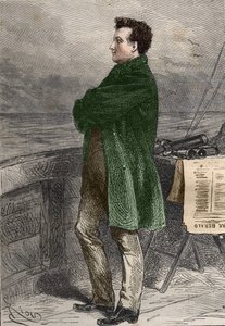 Professor Aronnax blickt auf den Horizont. Zwanzigtausend Meilen unter dem Meer von Jules Verne. Gravur von Hildibrand