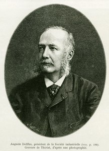 Auguste Dollfus, Präsident der Industriellen Gesellschaft Dollfus-Mieg. Gravur von Thiriat zur Illustration der Geschichte „Durch Elsass und Lothringen“, von Charles Grad, deutscher Abgeordneter, 1885, in Le Tour du monde 1886, unter der Leitung von Edouar von Henri Thiriat