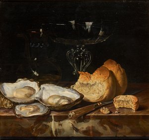 Stillleben mit Austern, Brot und venezianischem Weinglas, 1661
