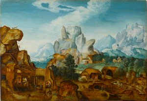 Felsige Landschaft mit einer Schmiede Die Flucht nach Ägypten, vor 1550 von Henri de Herri met de Bles