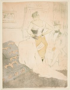 Frau, die ein Korsett befestigt, vorübergehende Eroberung, aus der Serie Elles von Henri de Toulouse Lautrec
