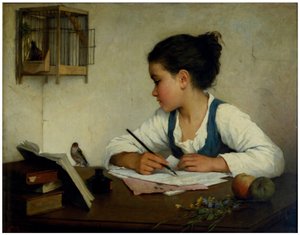 Ein Mädchen schreibt; Der Haustier-Goldfink von Henriette Browne