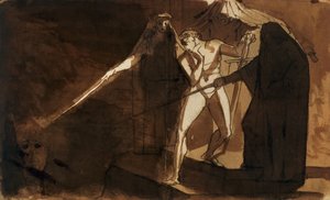 Macbeth und die drei Hexen, die ihm den bewaffneten Kopf zeigen von Johann Heinrich Füssli