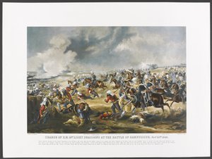 Angriff der H.M. 14. Leichten Dragoner in der Schlacht von Ramnuggur, 22. November 1848 (kolorierte Fotolithografie) von Henry (after) Martens