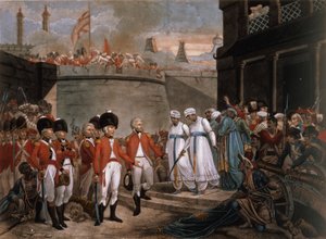 Die Kapitulation von zwei Söhnen von Tippoo Sahib (1749-99) als Geiseln als Wiedergutmachung für den Krieg gegen Großbritannien