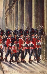 Coldstream Guards betreten die Bank of England für den Wachdienst