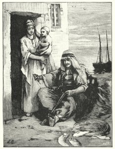 Ein Fischer, der seine Netze repariert, See von Tiberias (Lithografie)