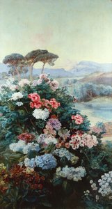 Kamelien und andere Blumen in einer Landschaft