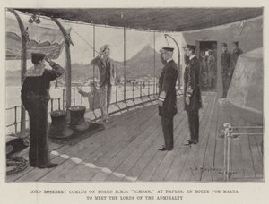 Lord Rosebery kommt an Bord der HMS Caesar in Neapel, auf dem Weg nach Malta, um die Lords der Admiralität zu treffen
