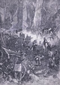 Der Ashanti-Krieg 1900: Ein Kampf im Wald, Illustration aus Cassells Geschichte Englands, 1900er Jahre von Henry Charles Seppings Wright