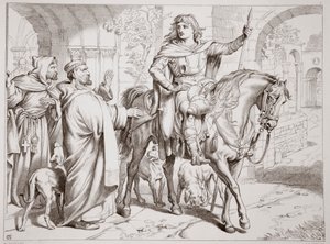 Hereward informiert seinen Onkel, den Prior, dass er geächtet wird, Illustration aus Hereward the Great von Charles Kingsley, veröffentlicht 1870, graviert von C.G. Lewis von Henry Courtney Selous