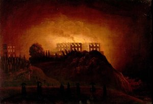 Nottingham Castle in Flammen, 10. Oktober 1831, Mitte des 19. Jahrhunderts von Henry Dawson