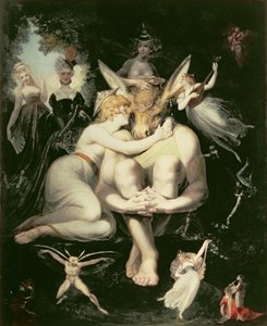 Titania erwacht, umgeben von begleitenden Feen, die Bottom umklammern, der immer noch den Eselskopf trägt, 1793-4