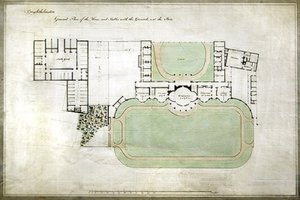 Brighthelmstone oder Brighton Pavilion - Gesamtplan des Hauses und der Ställe mit Grundstücken, Erweiterung durch Architekt Henry Holland (1745-1806), ca. 1801 von Henry Holland