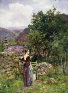 Ein junges Mädchen steht vor einem Cottage und hält einen Eimer von Henry John Yeend King