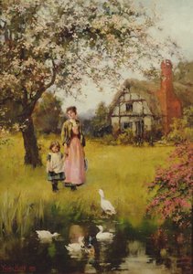 Mutter und Kind beobachten die Enten von Henry John Yeend King
