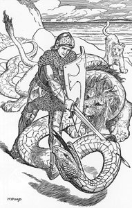 Percival kämpft gegen die Schlange (Illustration von HJ Ford aus „Das Buch der Romantik“ 1902)