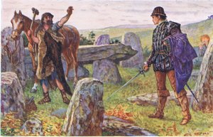 Tresilian konfrontiert den mysteriösen Hufschmied, Illustration aus Kenilworth, ca. 1910